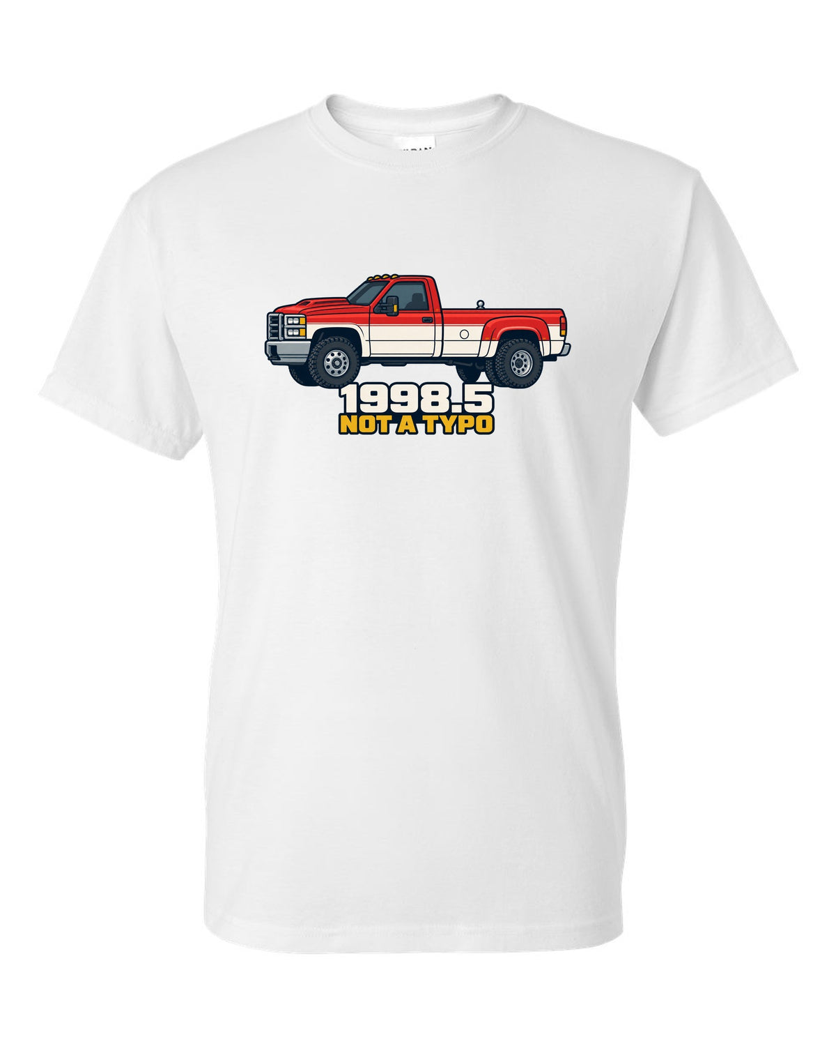 Flat vector poster print of a 1998.5-2002 Ram 2500 24V Cummins with 1998.5 Not A Typo text white t-shirt front view with the design