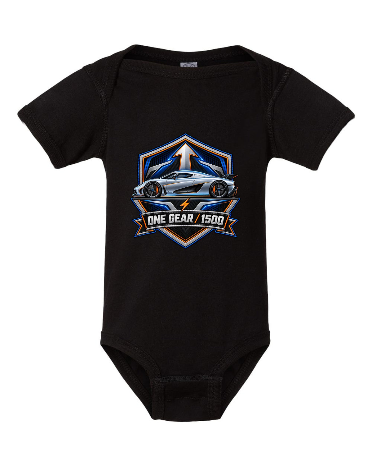 Embroidery-style varsity crest for the Koenigsegg Regera with ONE GEAR 1500 lettering black baby onesie front view with the design