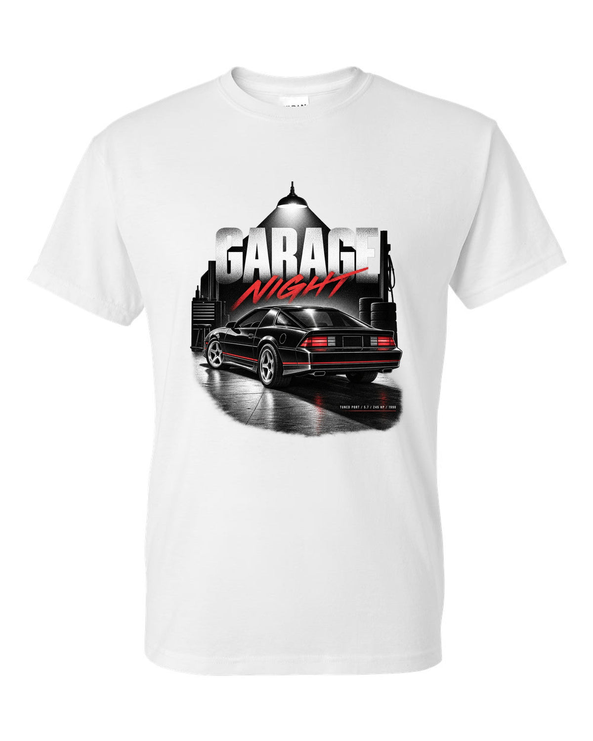 Garage-night print of a 1990 Chevrolet Camaro IROC-Z with tuned port 5.7 245 hp text white t-shirt front view with the design