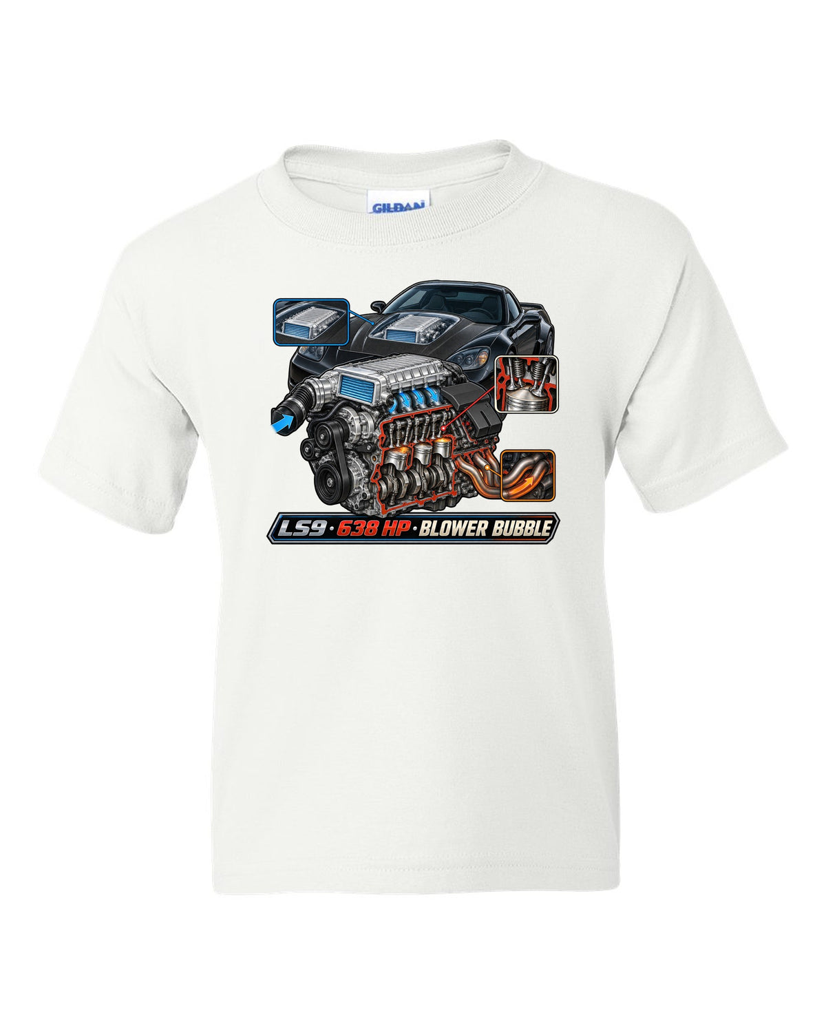 Cutaway engine print of the LS9 supercharger in a 2009 Chevrolet Corvette C6 ZR1 with 638 HP text white kids tee front view with the design