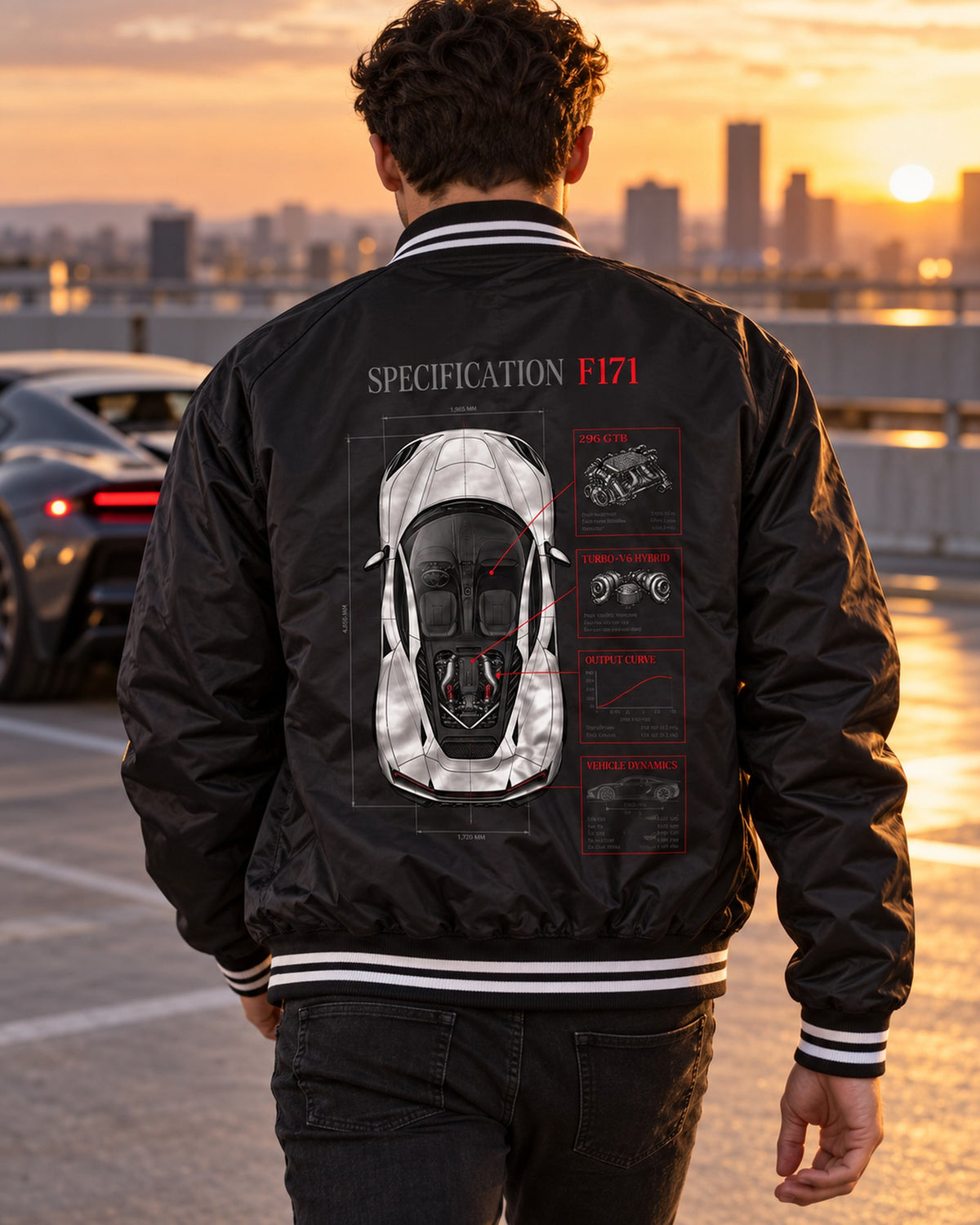 Ferrari 296 GTB F171 Top-Down Spec Poster Shirt Bomber Jacket Black worn hero