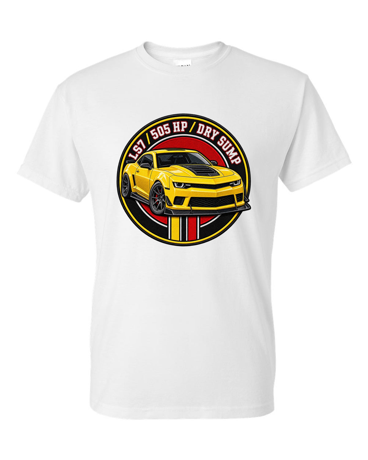 2014 Camaro Z/28 in a varsity crest design with text LS7 505 HP Dry Sump white t-shirt front view with the design