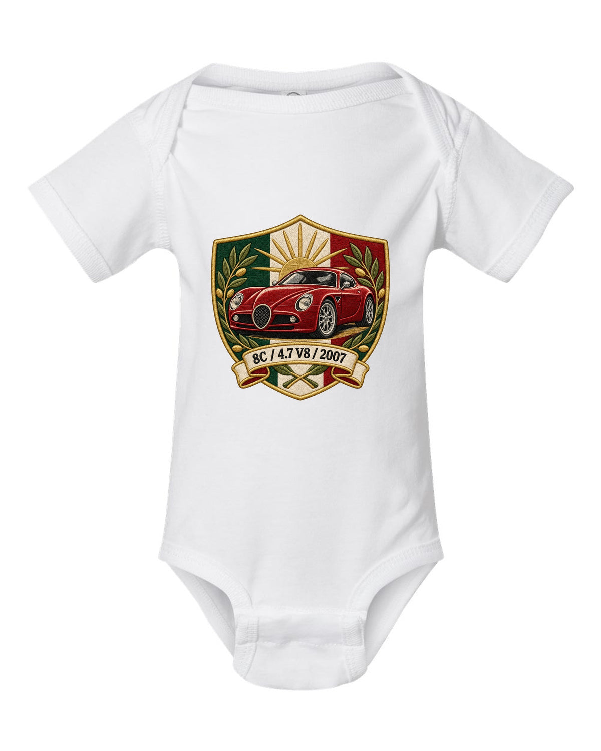 Embroidery style varsity crest for an Alfa Romeo 8C Competizione with 4.7 V8 and 2007 white baby onesie front view with the design