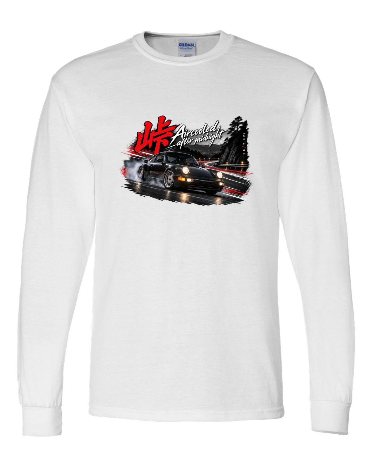 Touge night print of a Porsche 911 Carrera 2 (964) with the line Aircooled after midnight white long sleeve front view with the design