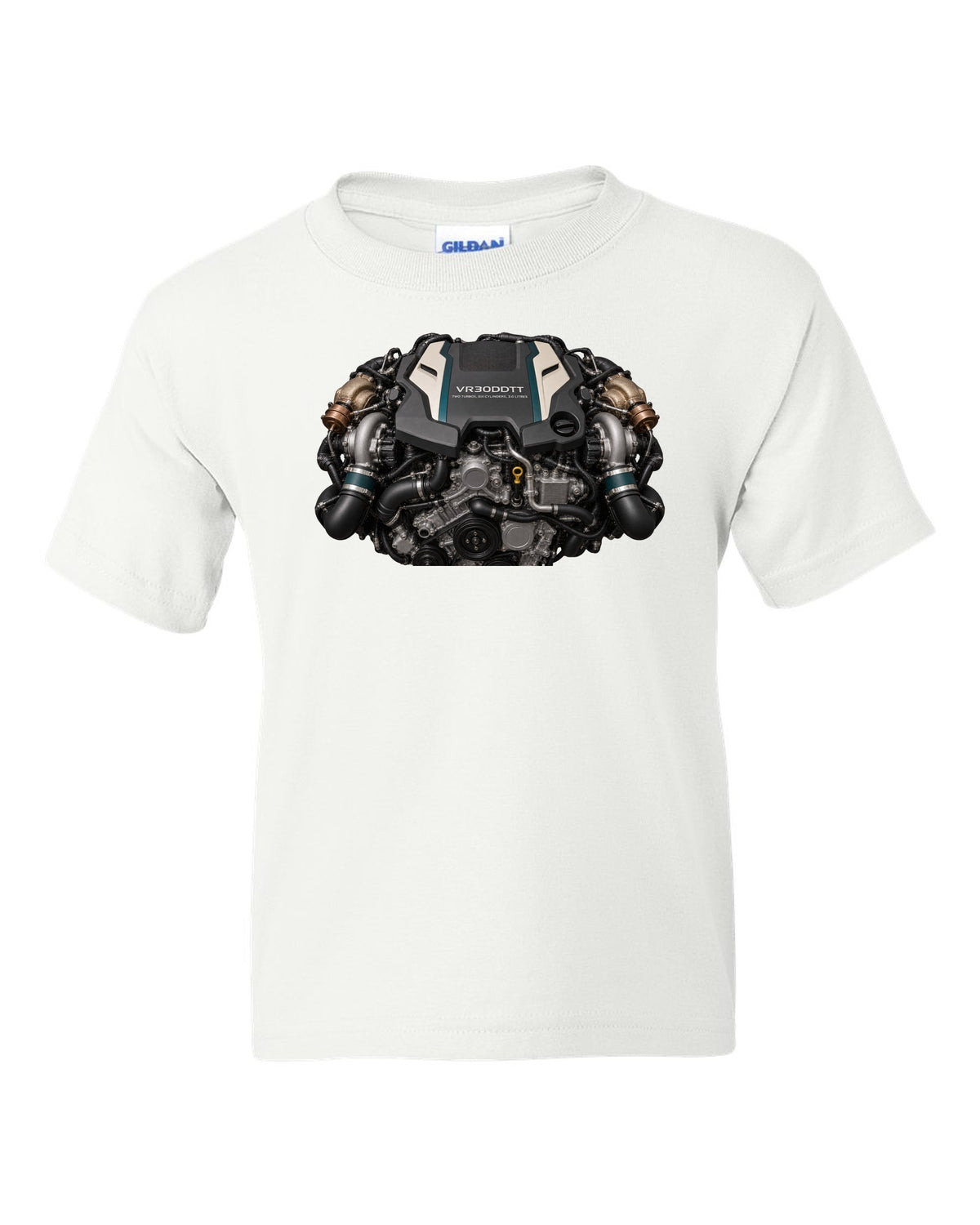 Nissan VR30DDTT 3.0 litre twin-turbo V6 engine bay poster style print white kids tee front view with the design