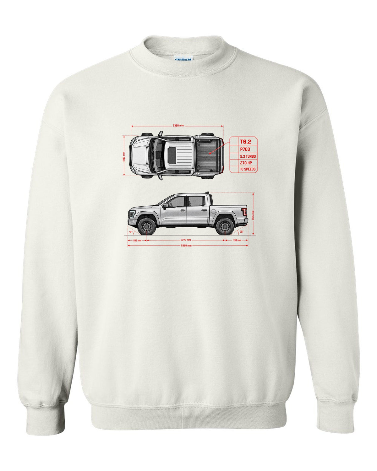 Ford Ranger T6.2 P703 spec poster print with 2.3 turbo, 270 HP and 10 speeds white crewneck front view with the design