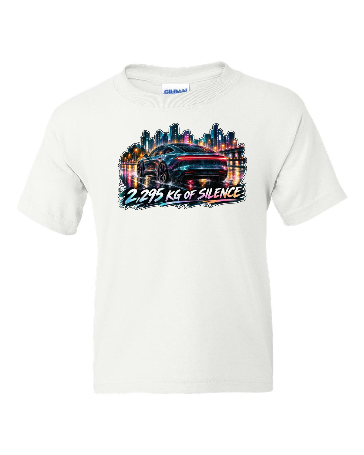 Porsche Taycan Turbo S 9J1 watercolor wet road night print with the text 2,295 kg of silence white kids tee front view with the design