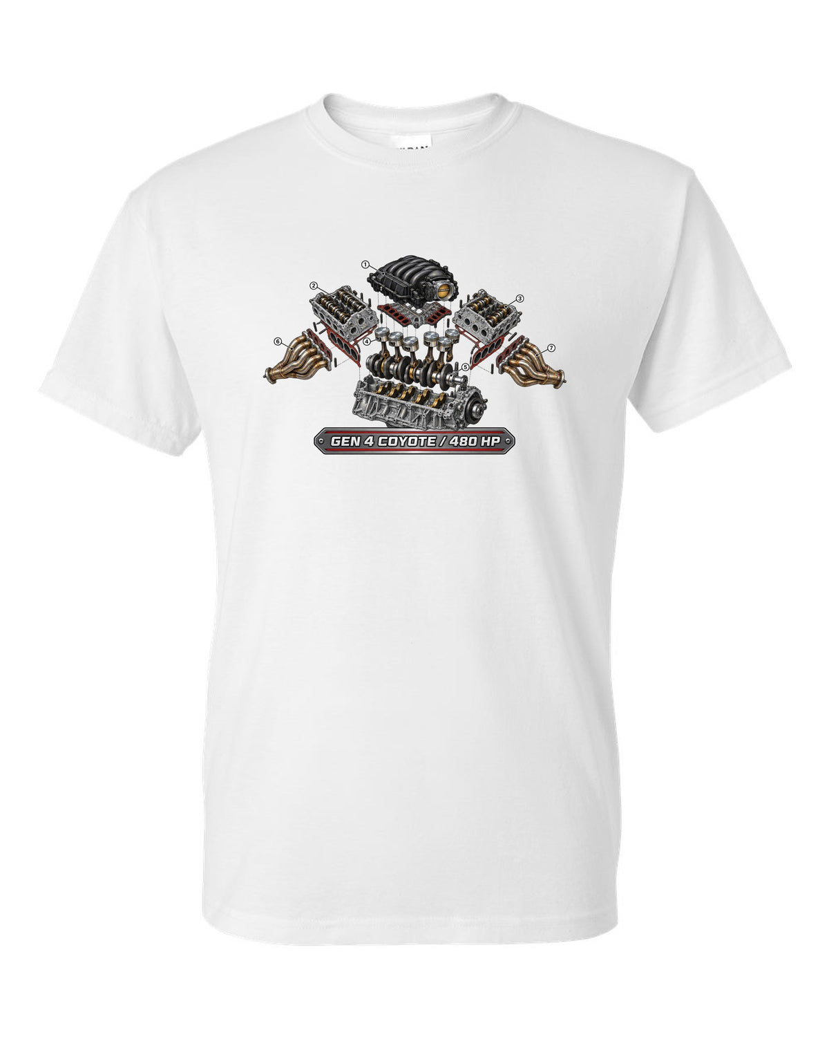 Isometric exploded cutaway engine print of a 2024 S650 Mustang 5.0 Gen 4 Coyote V8 white t-shirt front view with the design