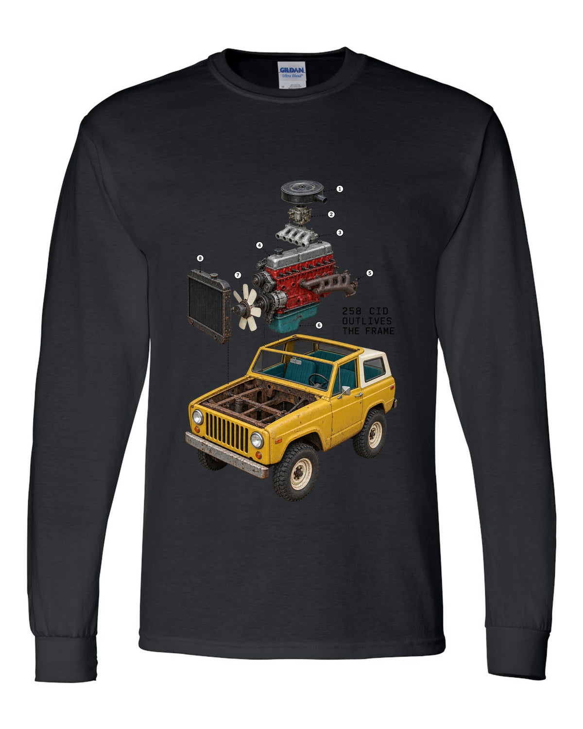 Exploded cutaway engine print of a Jeep CJ-7 258 CID inline-six black long sleeve front view with the design