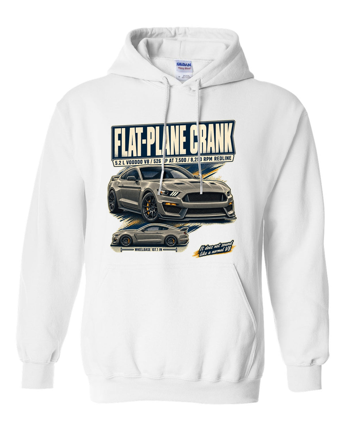 Ford Mustang S550 Shelby GT350 editorial headline print about the flat-plane crank V8 white pull over hoodie front view with the design