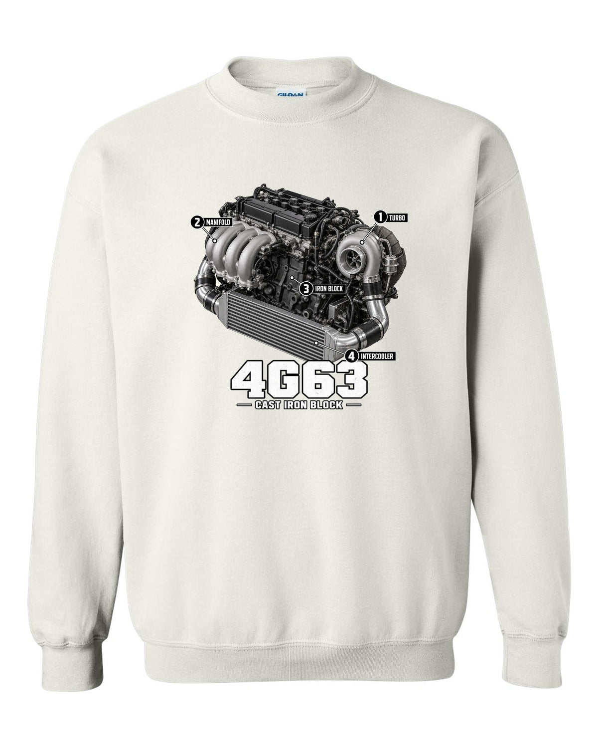 Engine diagram print for the Mitsubishi Lancer Evolution VI CP9A showing a 4G63 with turbo, manifold, iron block and intercooler callouts white crewneck front view with the design