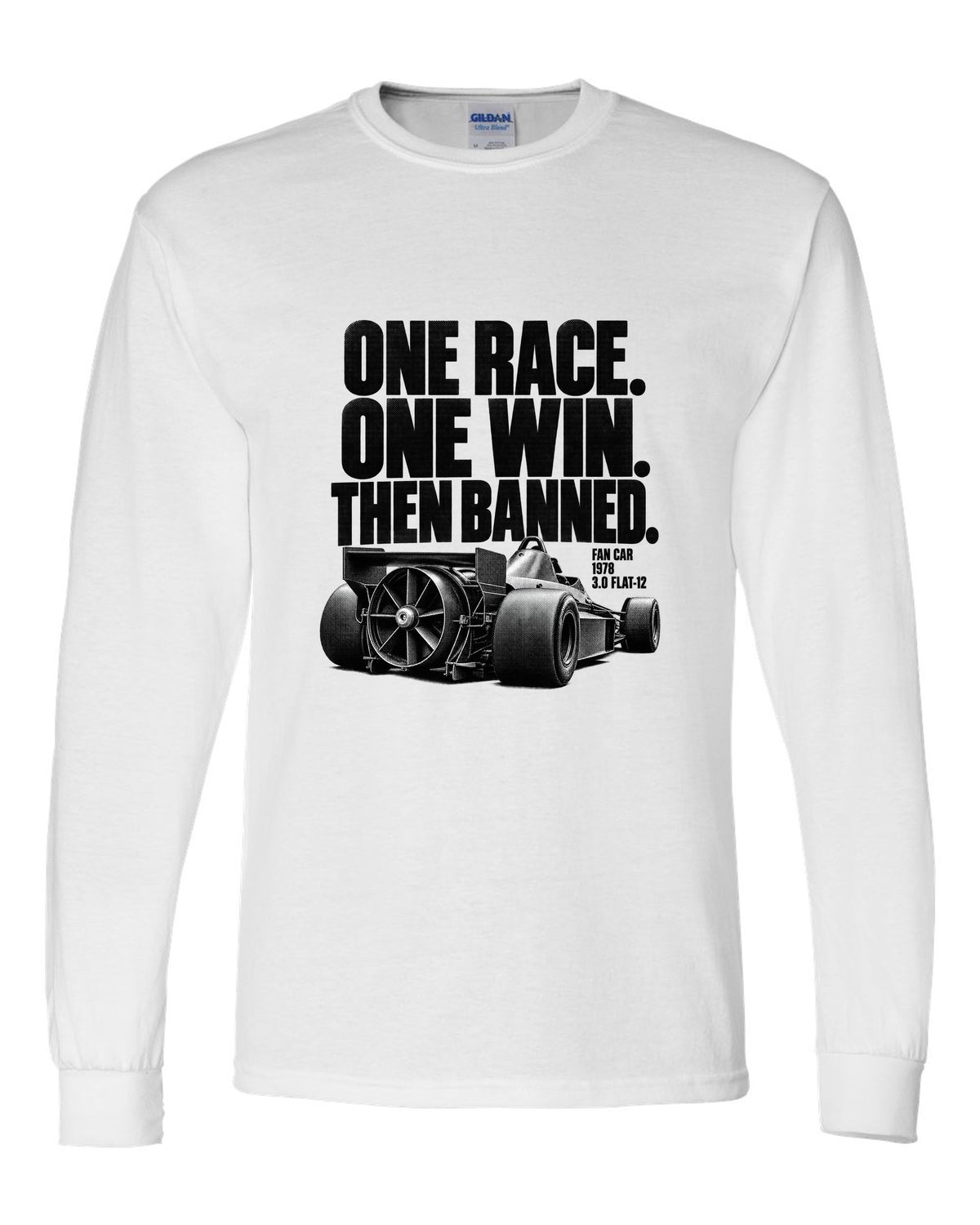 Brabham BT46B fan car halftone print with one race one win text white long sleeve front view with the design