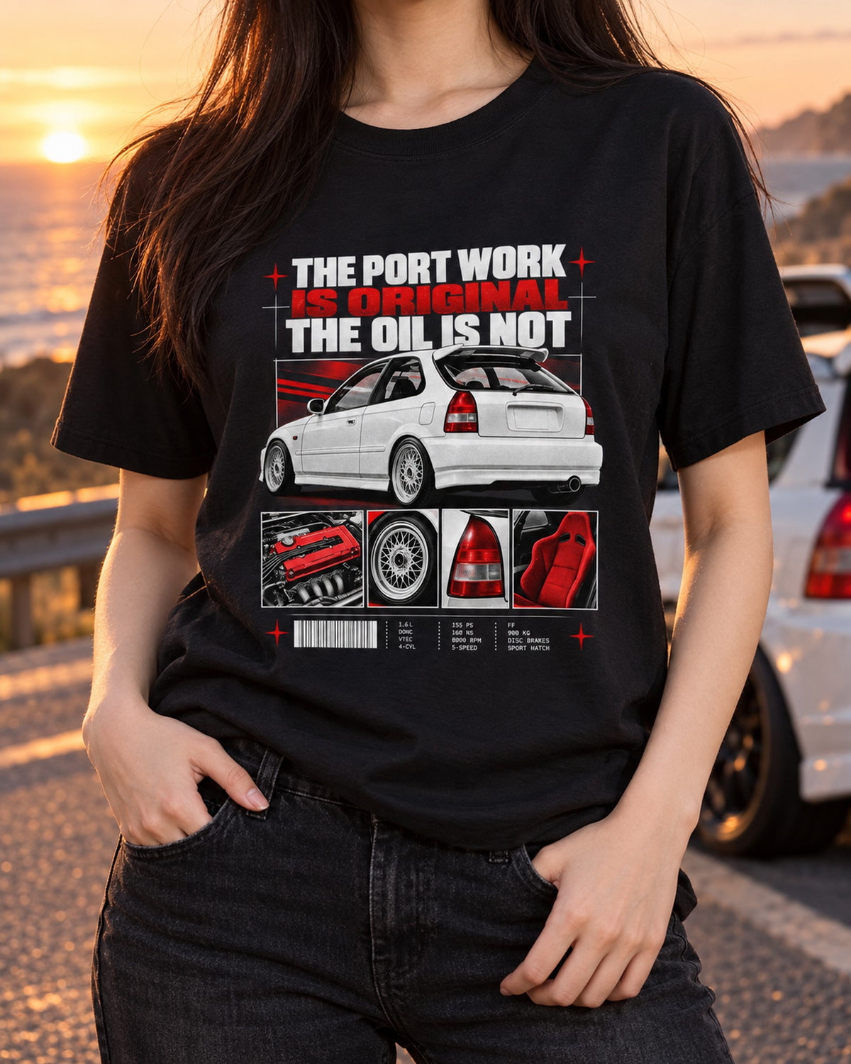 Honda Civic EK9 Spec Sheet Dossier Shirt, Port Work Is Original T-Shirt Black worn hero