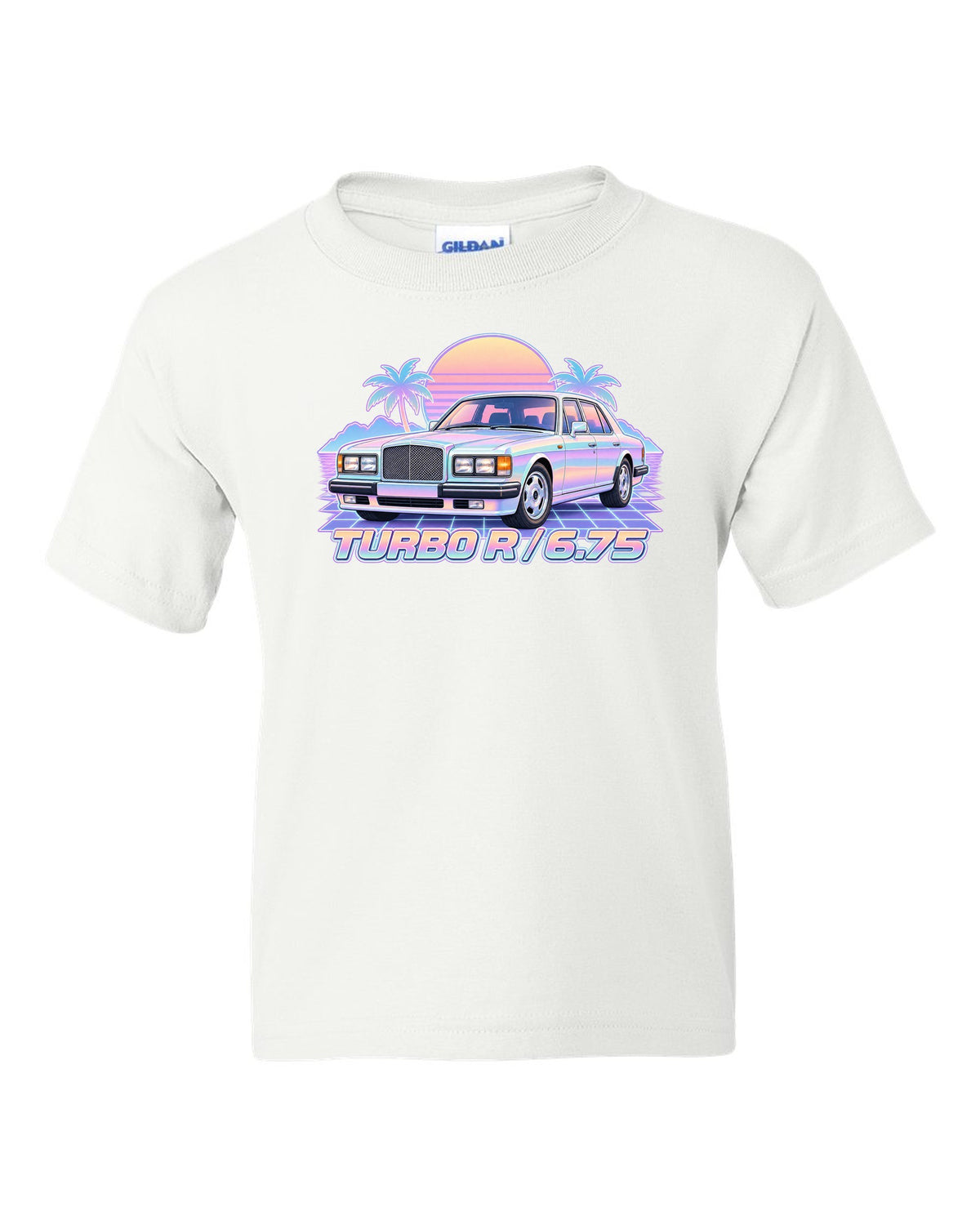 Pastel vaporwave illustration of a Bentley Turbo R front grille with TURBO R 6.75 lettering white kids tee front view with the design