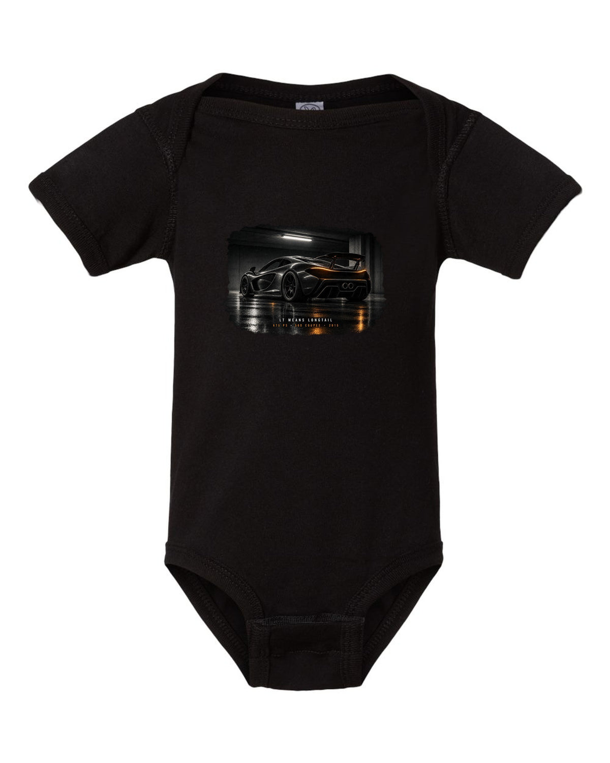 Garage night print of a 2015 McLaren 675LT with Longtail and 500 coupes text black baby onesie front view with the design