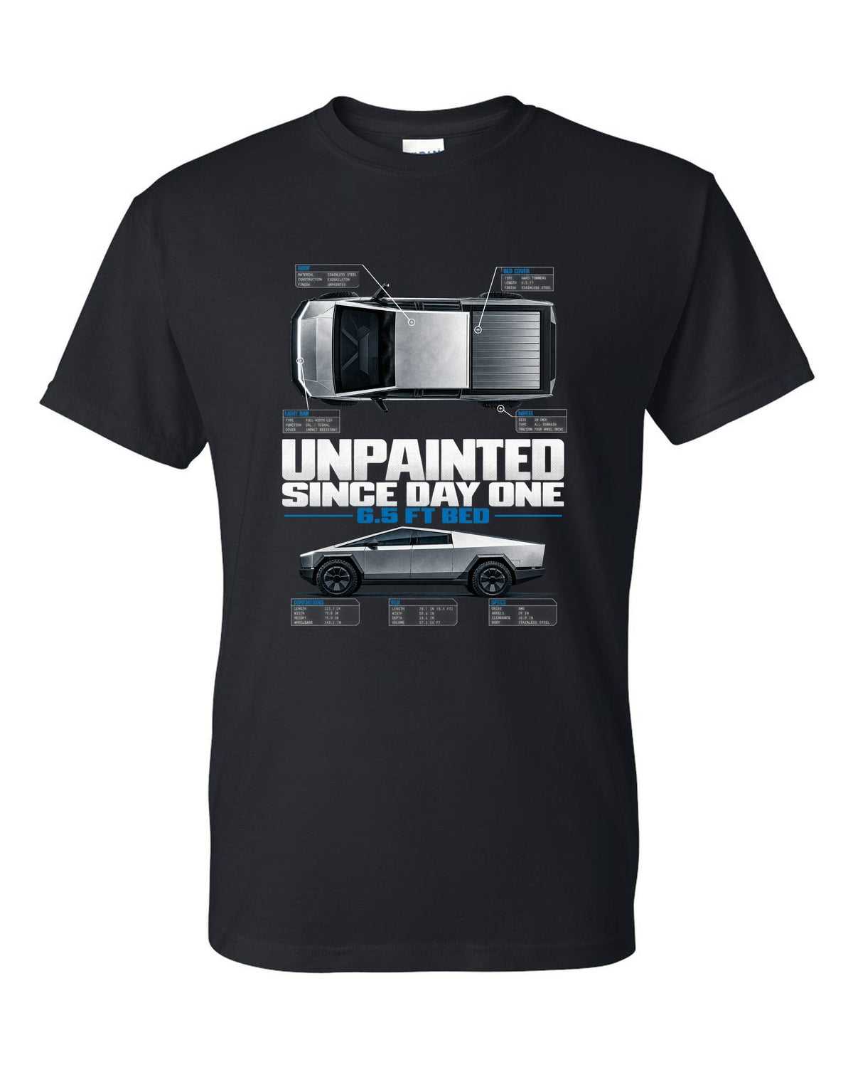 Tesla Cybertruck top-down and profile spec poster with unpainted since day one text black t-shirt front view with the design