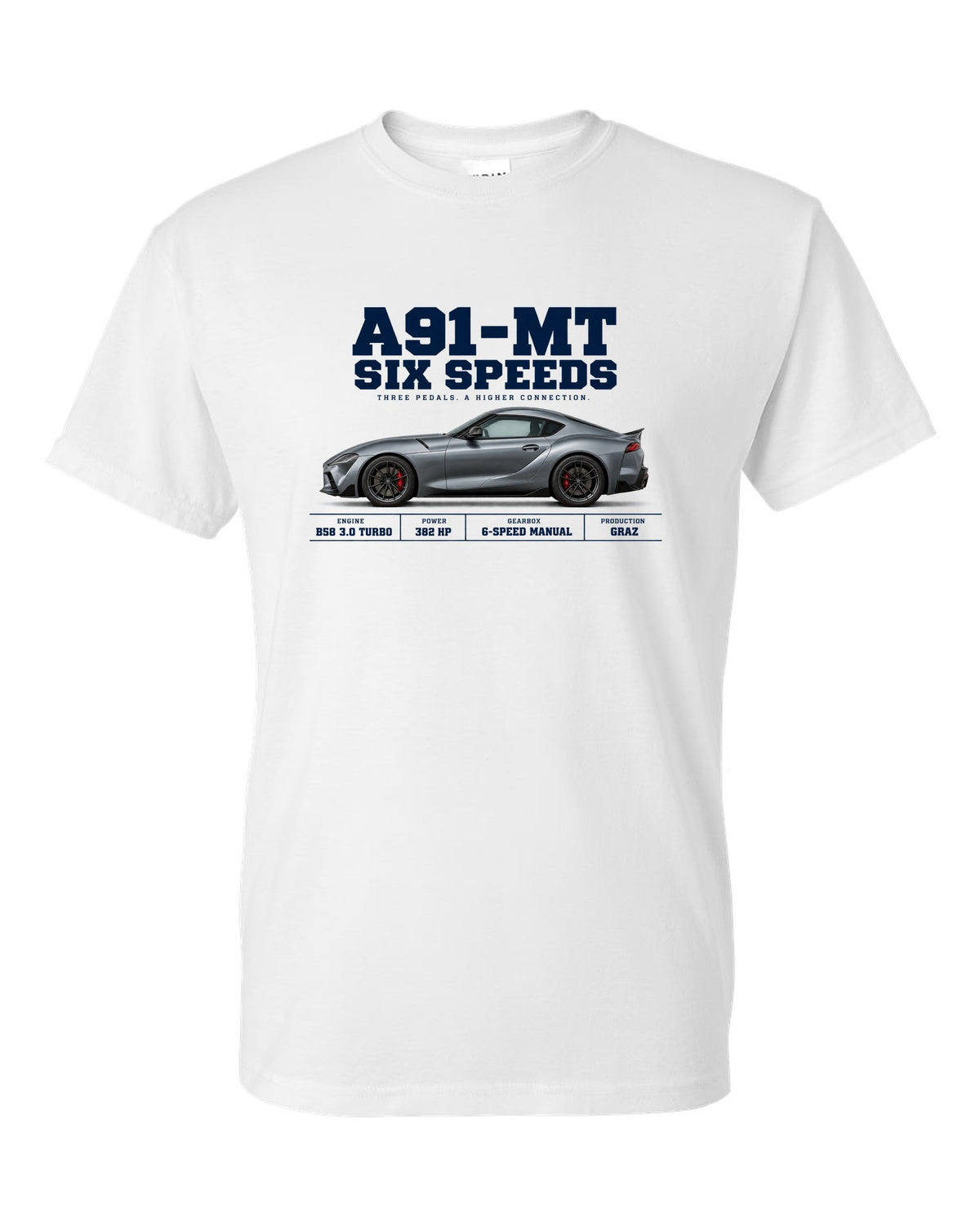 Signal red Toyota GR Supra A91-MT shown in three views with spec table white t-shirt front view with the design