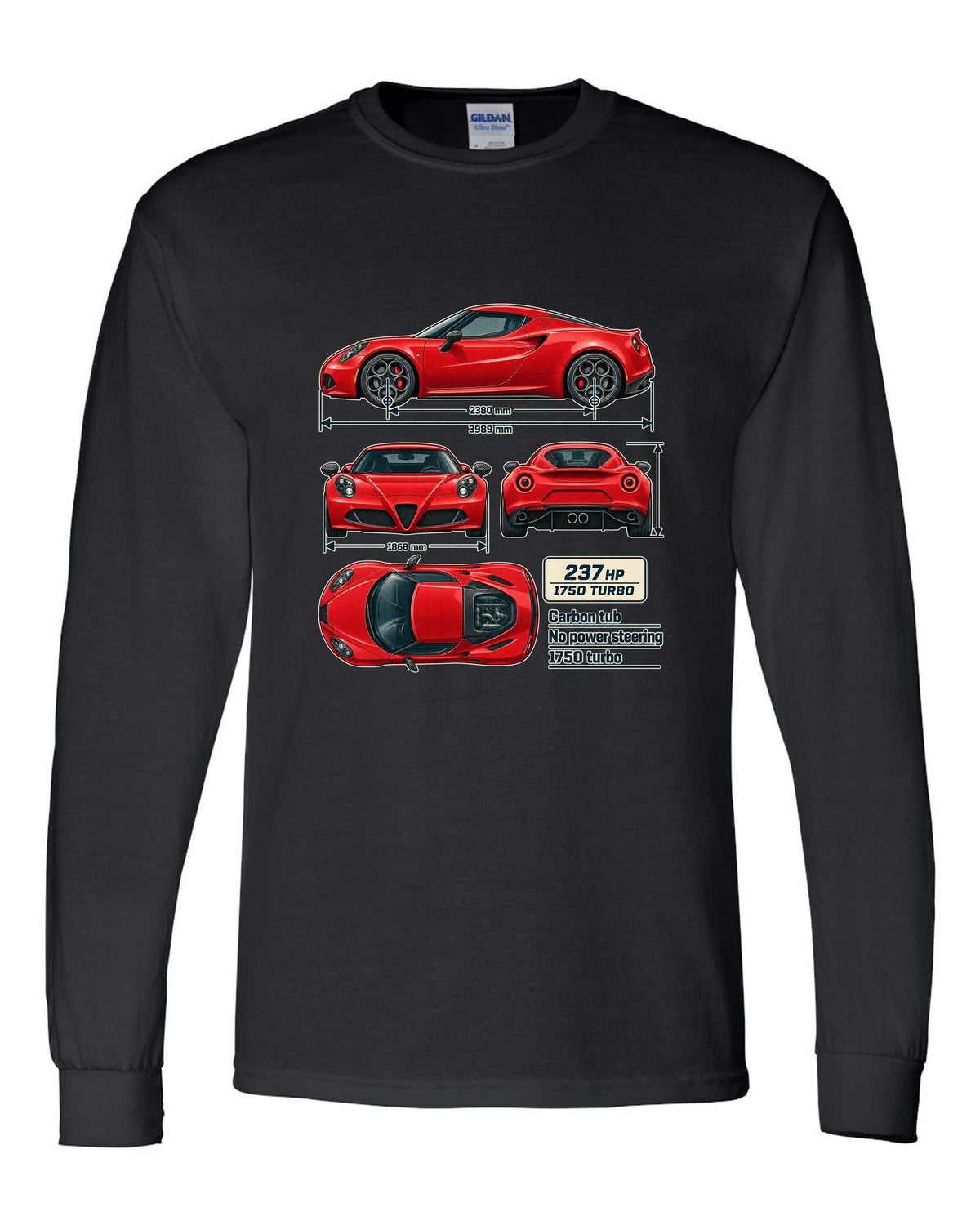 Dimension blueprint print of the Alfa Romeo 4C coupe with carbon tub and 1750 turbo callouts black long sleeve front view with the design
