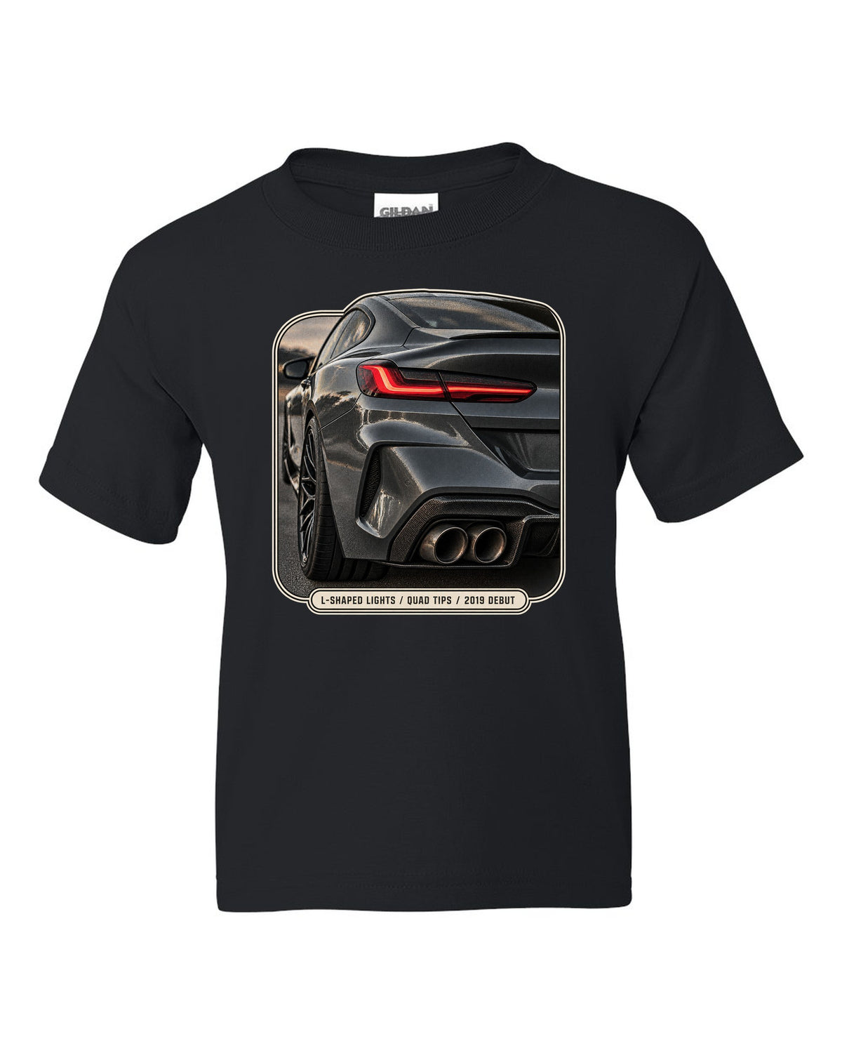 BMW M8 Competition F92 taillight detail macro print on a tee black kids tee front view with the design