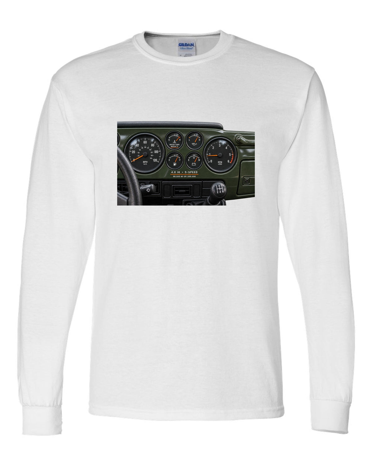 Gauge cluster print for the Jeep Wrangler TJ 4.0 I6, 1997-2006 white long sleeve front view with the design