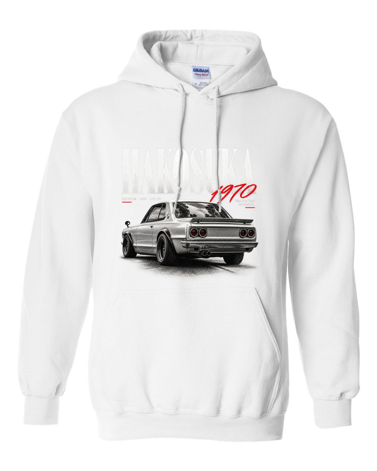 Editorial headline print of a Nissan Skyline 2000GT-R KPGC10 Hakosuka white pull over hoodie front view with the design