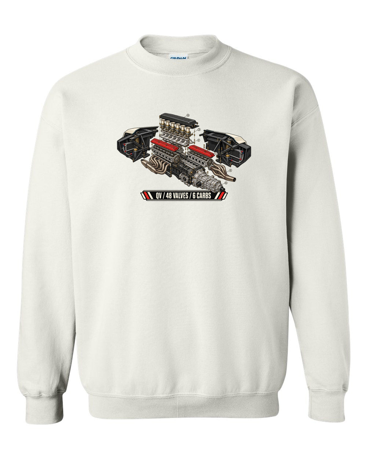 Exploded engine cutaway of a 1985 Lamborghini Countach LP5000 QV with 48 valves and 6 carbs lettering white crewneck front view with the design