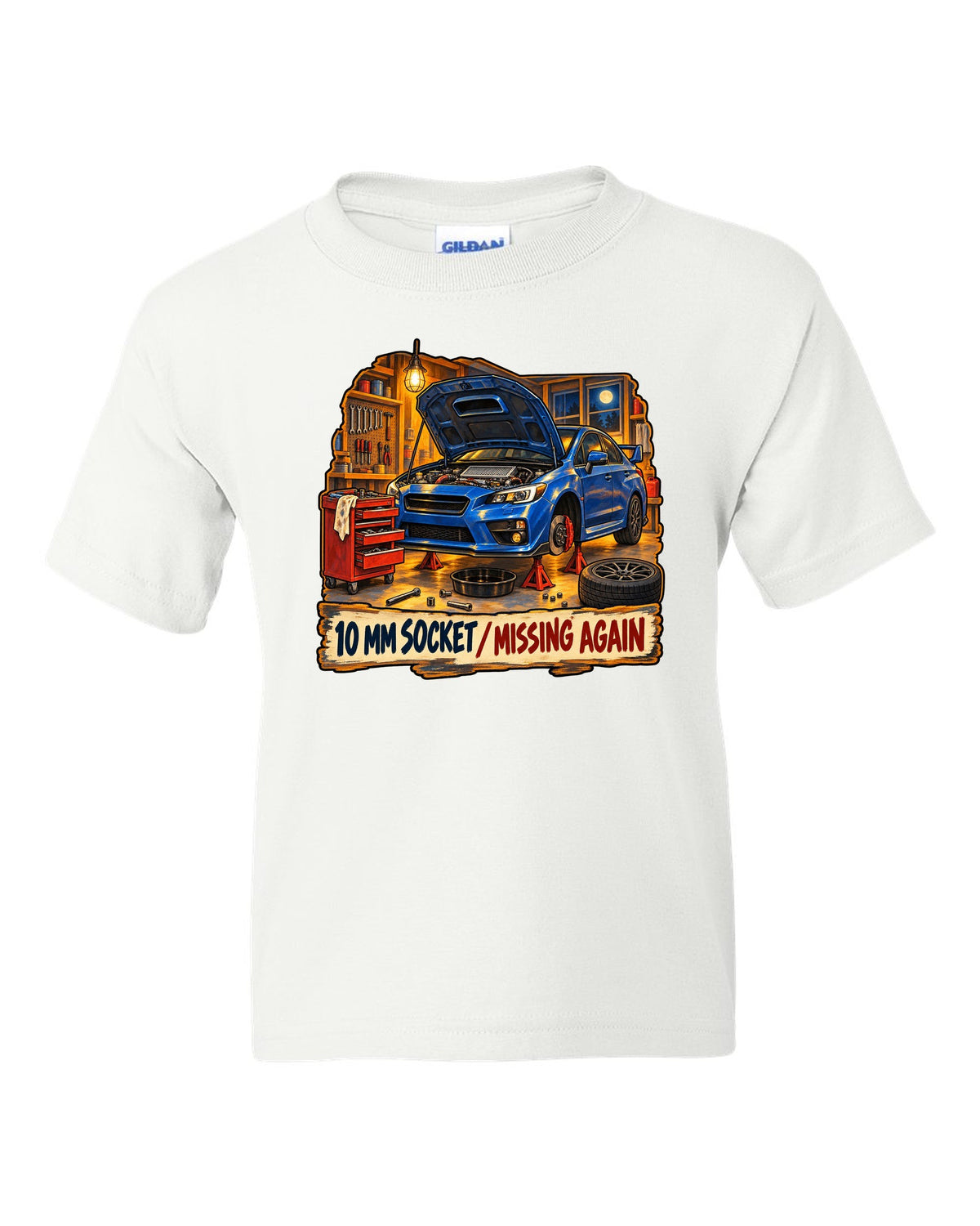 Subaru WRX STI VAB gouache workshop illustration, 10 MM SOCKET / MISSING AGAIN white kids tee front view with the design