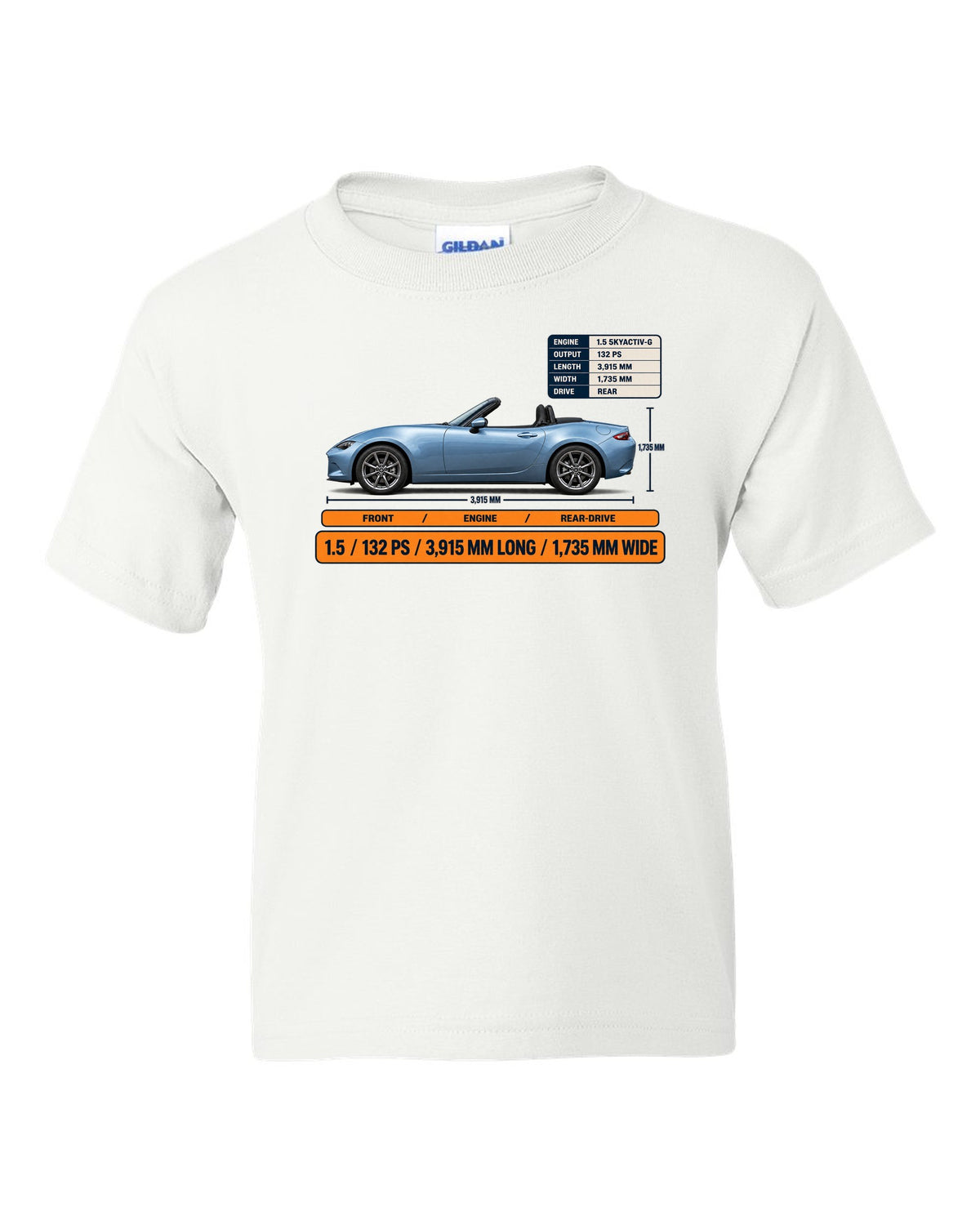 Mazda MX-5 ND 1.5 SKYACTIV-G spec poster print showing power and dimensions white kids tee front view with the design