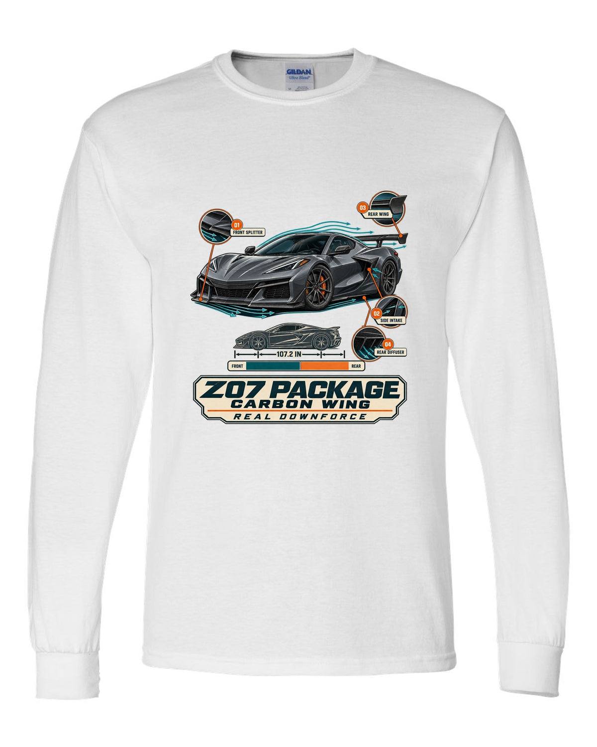 Aero callouts print of a Chevrolet Corvette C8 Z06 with Z07 package and carbon wing white long sleeve front view with the design