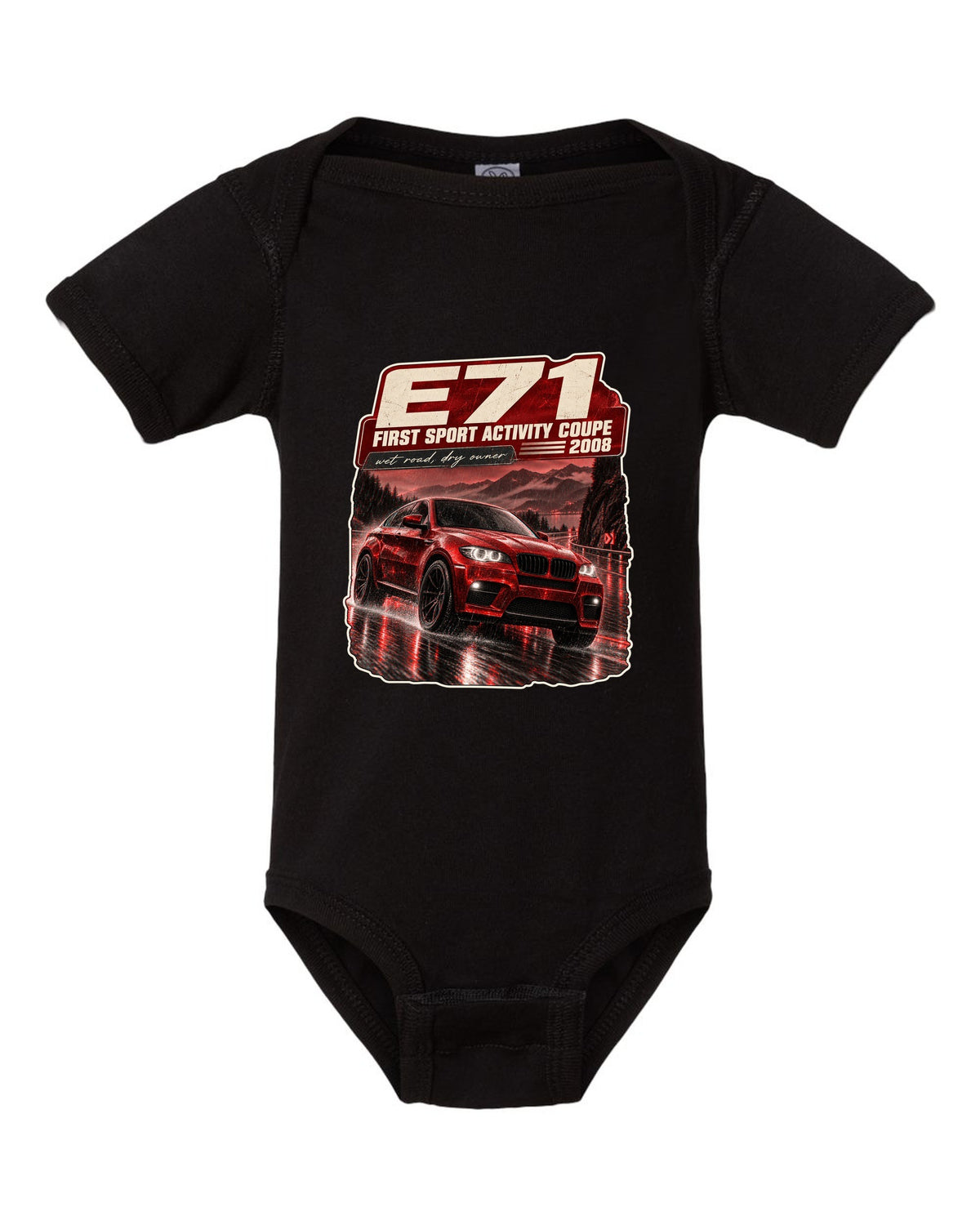 BMW X6 M E71 night street touge print on a tee black baby onesie front view with the design