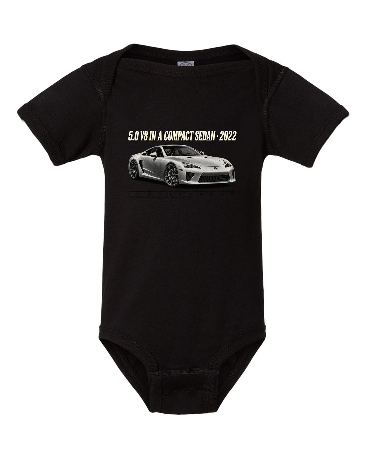 Cockpit and gauge cluster print of the Lexus LC 500 black baby onesie front view with the design