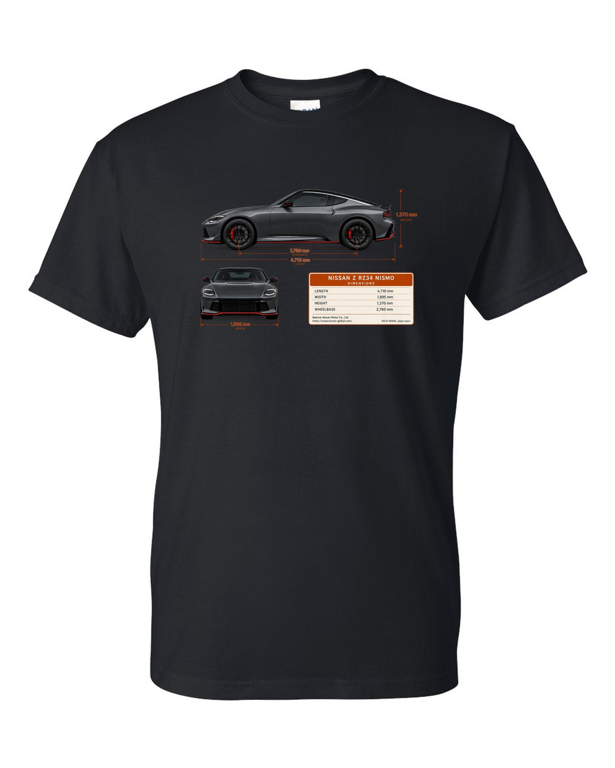 Orange 2024 Nissan Z RZ34 Sport rear view with taillight, ducktail lip and twin round tips black t-shirt front view with the design