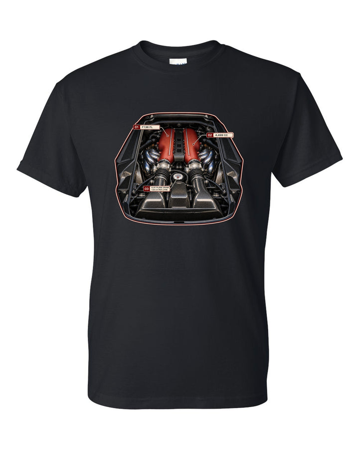 Engine bay print of the Ferrari 458 Speciale F136 FL V8 black t-shirt front view with the design