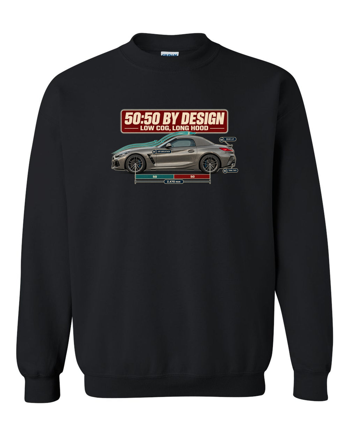 Aero cutaway callout print of the BMW Z4 G29 with 50:50 and long hood notes black crewneck front view with the design