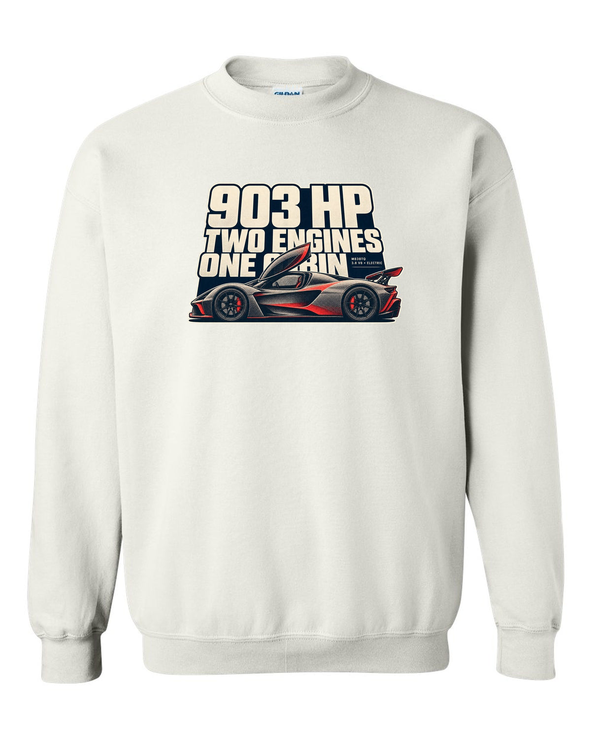 Halftone print of a McLaren P1 in warm grey and red, 903 HP two engines white crewneck front view with the design