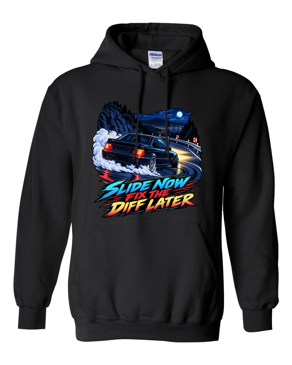 Spec sheet print of a BMW E36 M3 coupe with S50B32 3,201 cc 321 HP text black pull over hoodie front view with the design