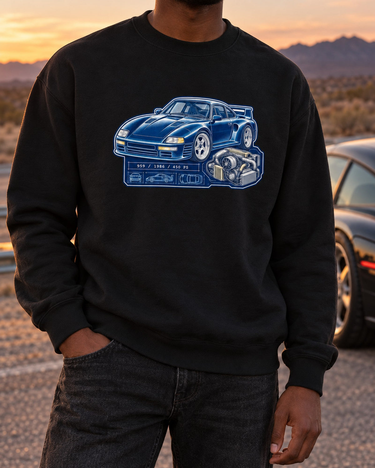 Porsche 959 Cyanotype Blueprint Shirt, 1986 450 PS Supercar Crewneck Black worn hero