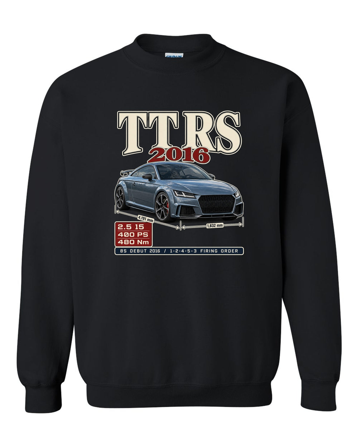 Audi TT RS 8S 2016 archive panel print with firing order black crewneck front view with the design