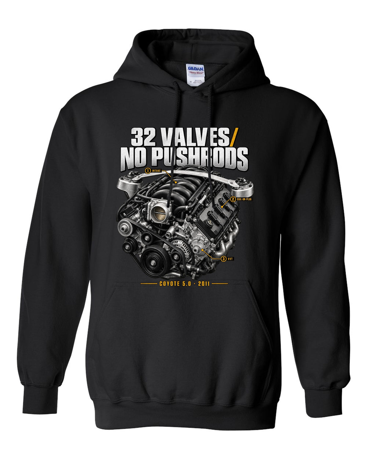 print of a Ford Mustang S197 GT 5.0 Coyote engine bay with callouts black pull over hoodie front view with the design