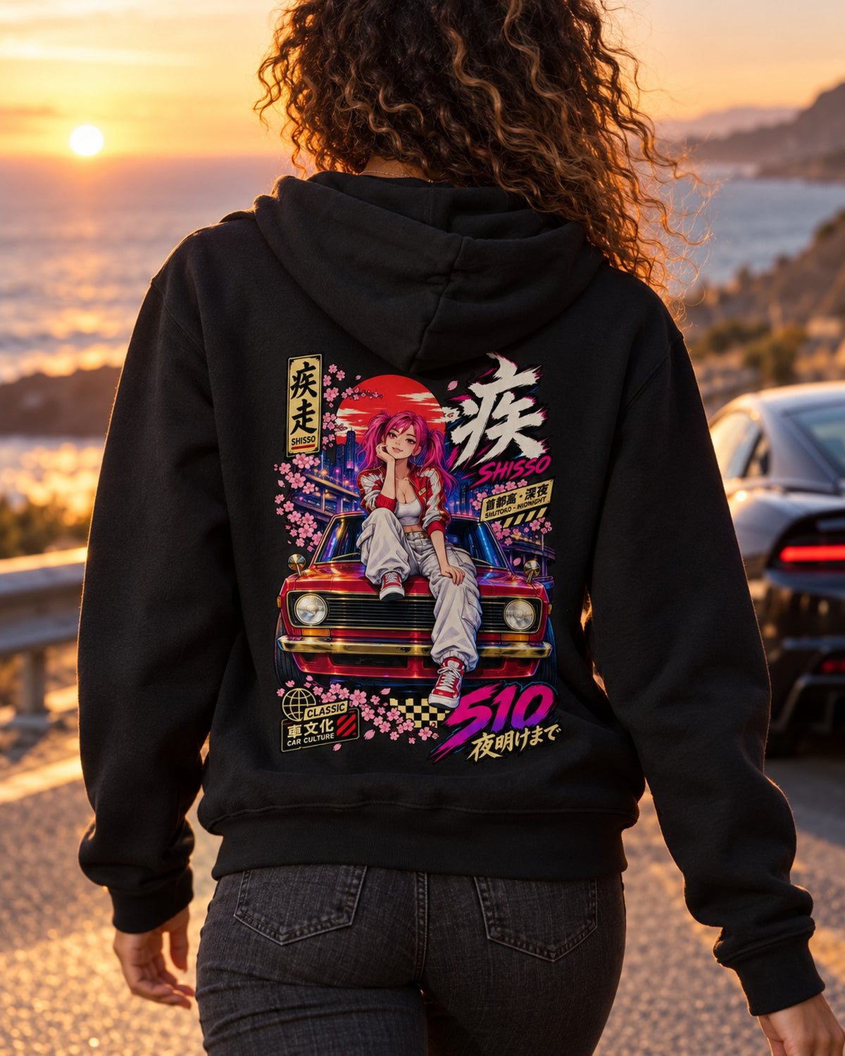 SHISSO 510 Anime Girl Full-Back Graphic Tee Pull Over Hoodie Black worn hero