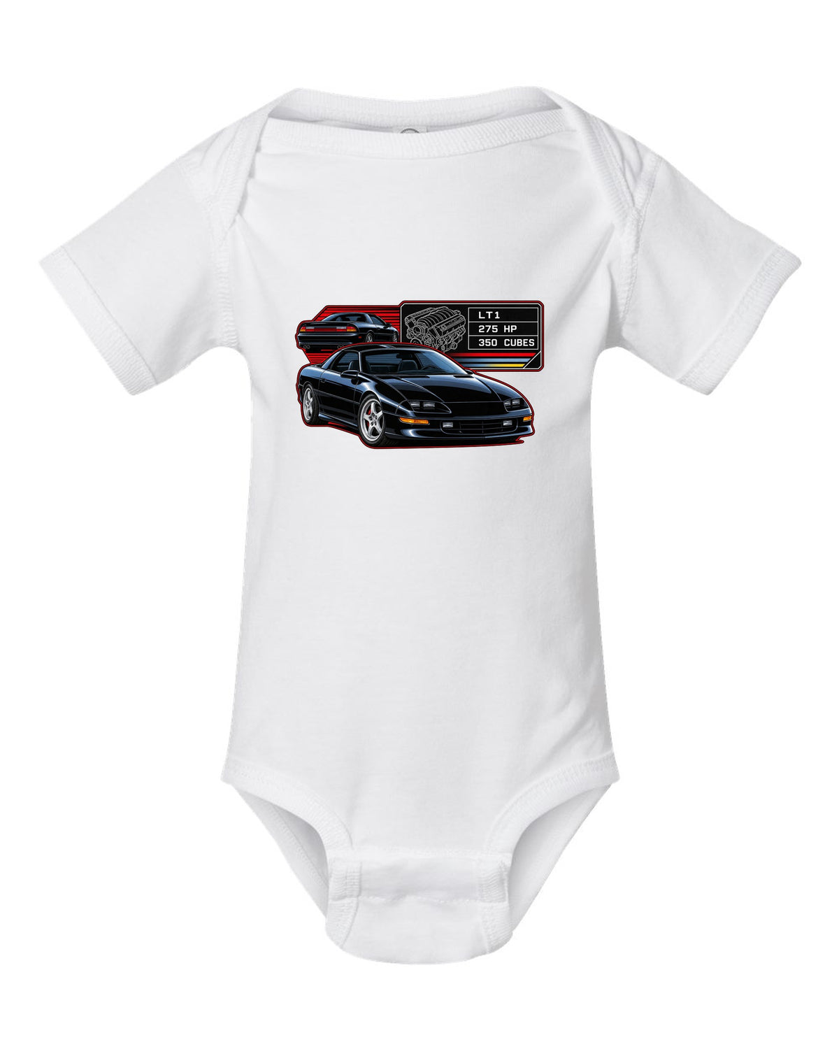 1993 Camaro Z28 fourth-generation spec plate design with the text LT1 275 HP 350 Cubes white baby onesie front view with the design