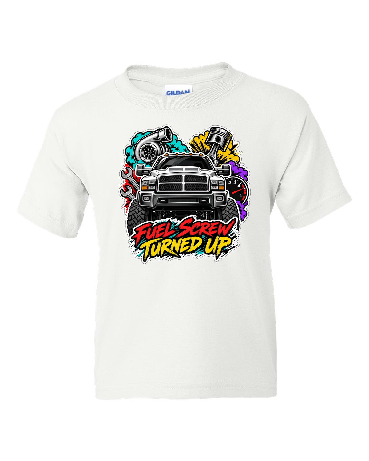 Sticker-bomb collage print of a 1994-1998 Dodge Ram 2500 12V Cummins with fuel screw text white kids tee front view with the design
