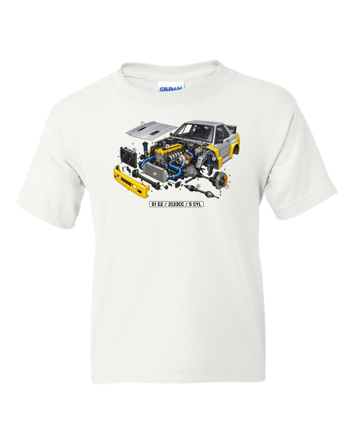 Isometric cutaway of the Audi S1 E2 five-cylinder engine, 2133cc white kids tee front view with the design