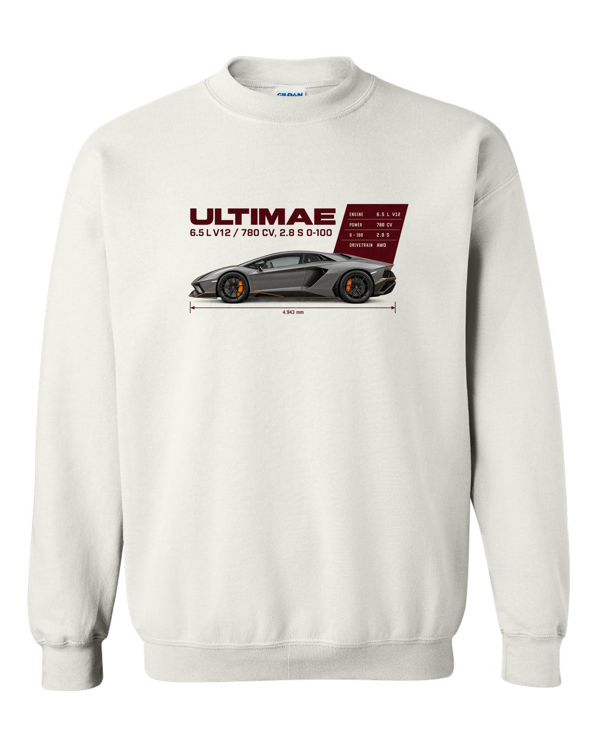 Spec poster print of the Lamborghini Aventador Ultimae with V12 figures white crewneck front view with the design