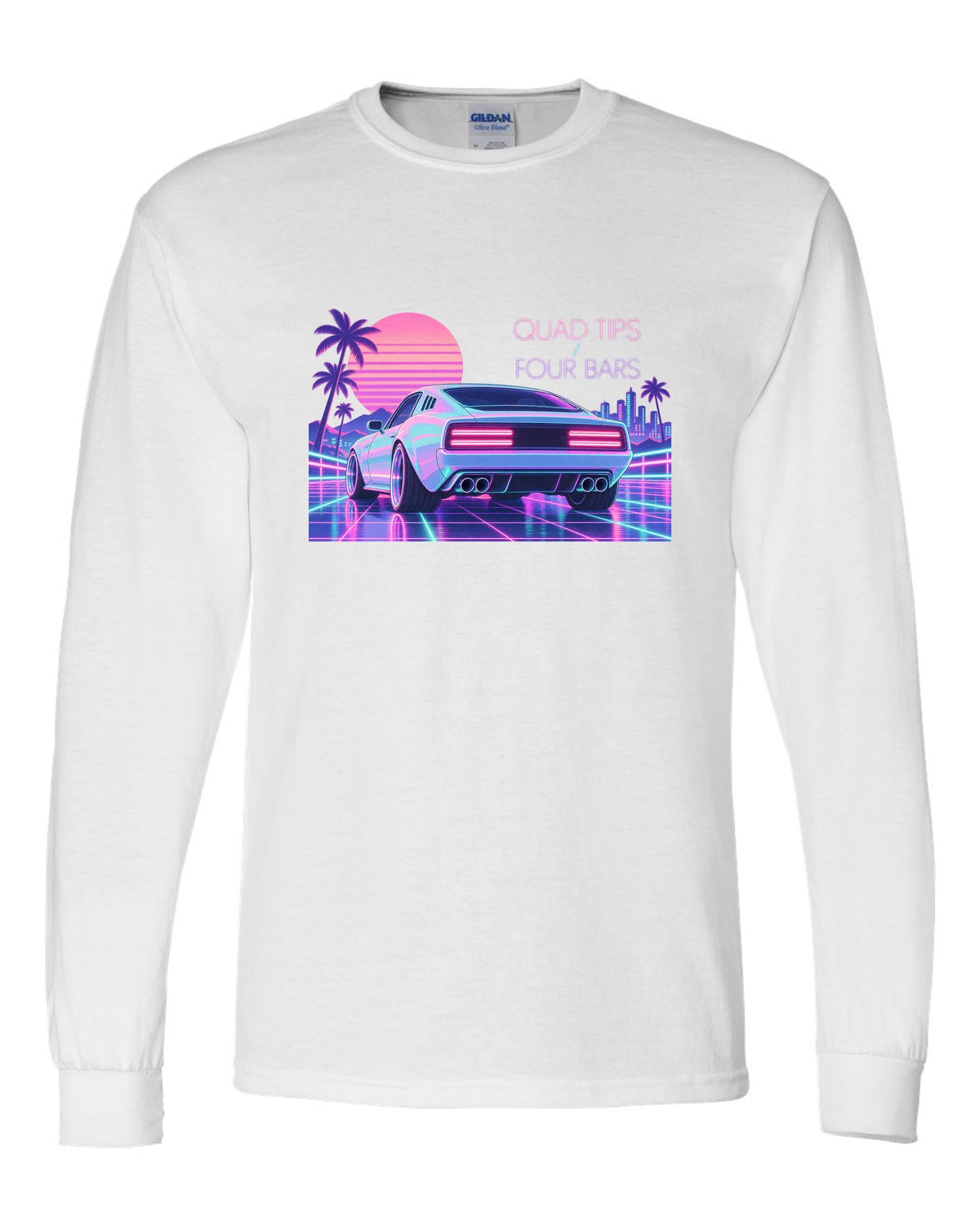 Kia Stinger GT CK vaporwave pastel rear view print with quad tips and four bars text white long sleeve front view with the design