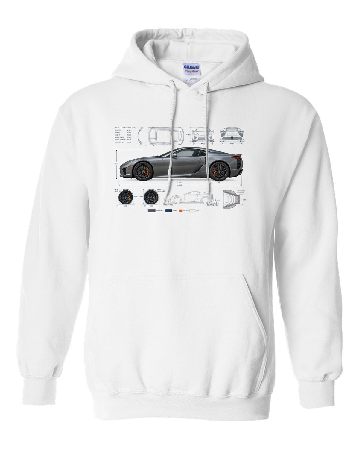 Blueprint style print of the Lexus LFA LFA10 with V10 spec lines white pull over hoodie front view with the design