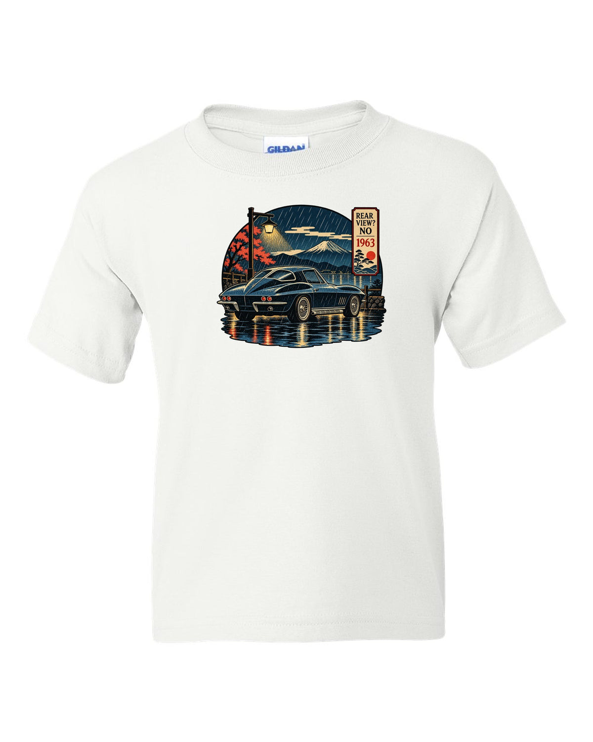 Ukiyo-e woodblock style print of a 1963 Chevrolet Corvette C2 Sting Ray coupe on a rainy night white kids tee front view with the design