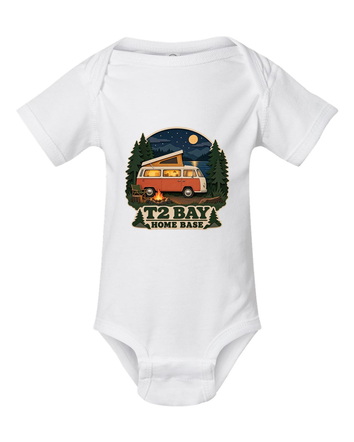 Layered paper-cutout shadow box print of a VW Bus T2 bay-window at a night camp white baby onesie front view with the design