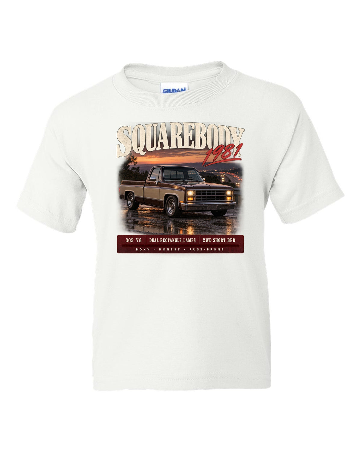 1981 Squarebody C10 Silverado archive panel print white kids tee front view with the design