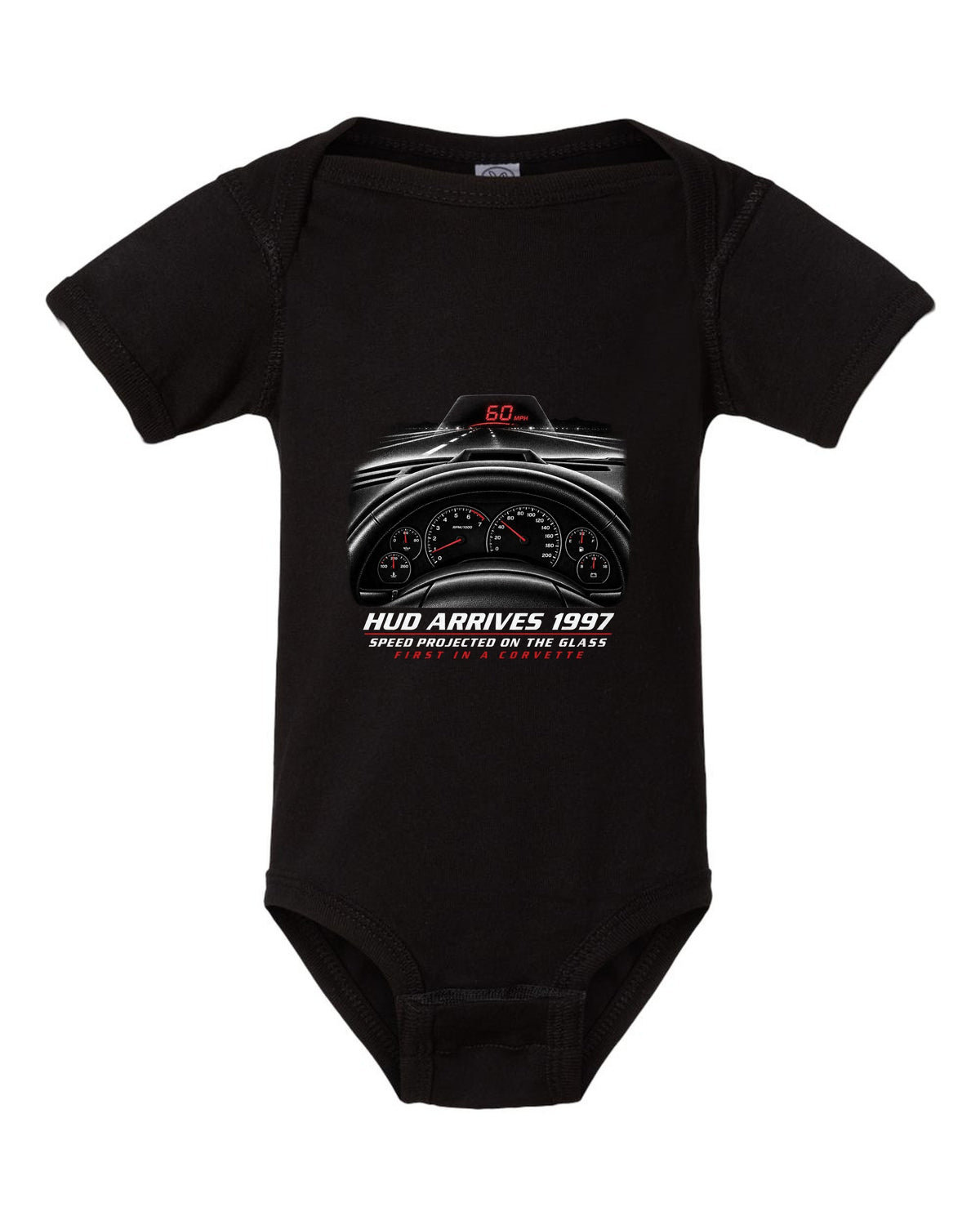 Corvette C5 heads-up display and gauge cluster print black baby onesie front view with the design